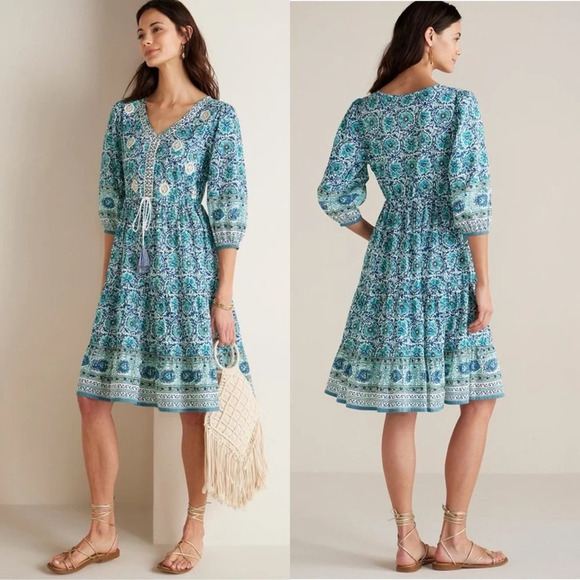 New Soft Surroundings Nerissa Dress Medium Embroidered Blue Print Beach Boho - Picture 1 of 16